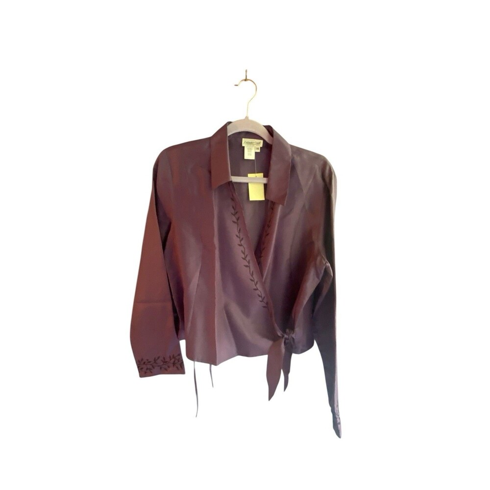 Coldwater Creek Purple Wrap Blouse Size 12 100% Silk Long Sleeve Embroidered